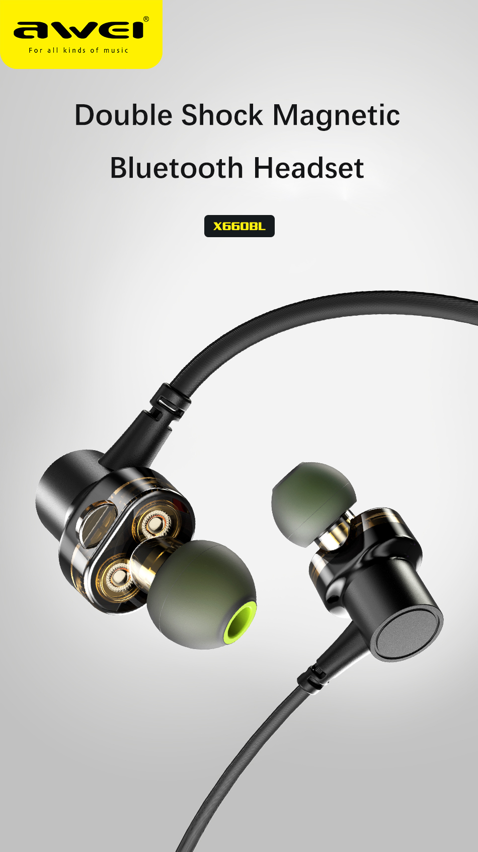 Αδιάβροχα Μαγνητικά Ασύρματα Ακουστικά Handfree Bluetooth με Dual Drive, Μικρόφωνο CVC Ηχομόνωση - Σχεδιασμένο για Άθληση, Τρέξιμο κα AWEI Newest